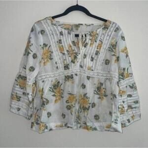 True Craft White and Yellow Floral Print Lace Trim Blouse Shirt